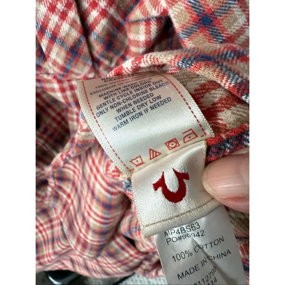 True Religion Red Tan Blue Plaid Flannel Button Shirt XXXL